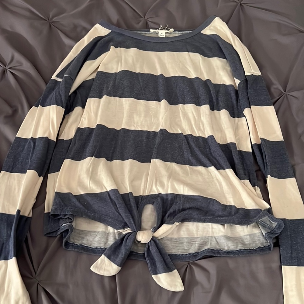 Blue and White Striped Long Sleeve with Tie in front